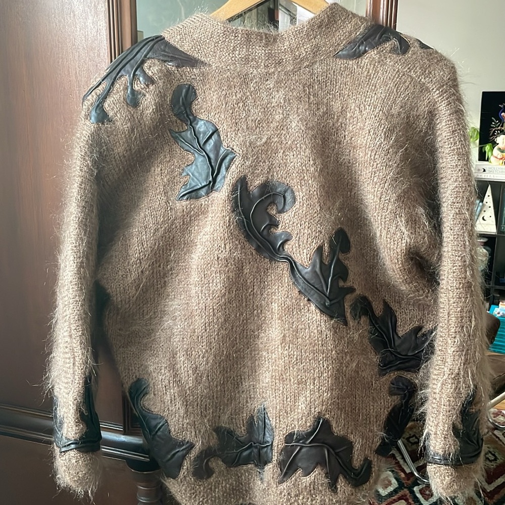 Vintage Mohair & Wool Leather Patchwork Cardigan Jacket Knit Sweater - Picture 6 of 15